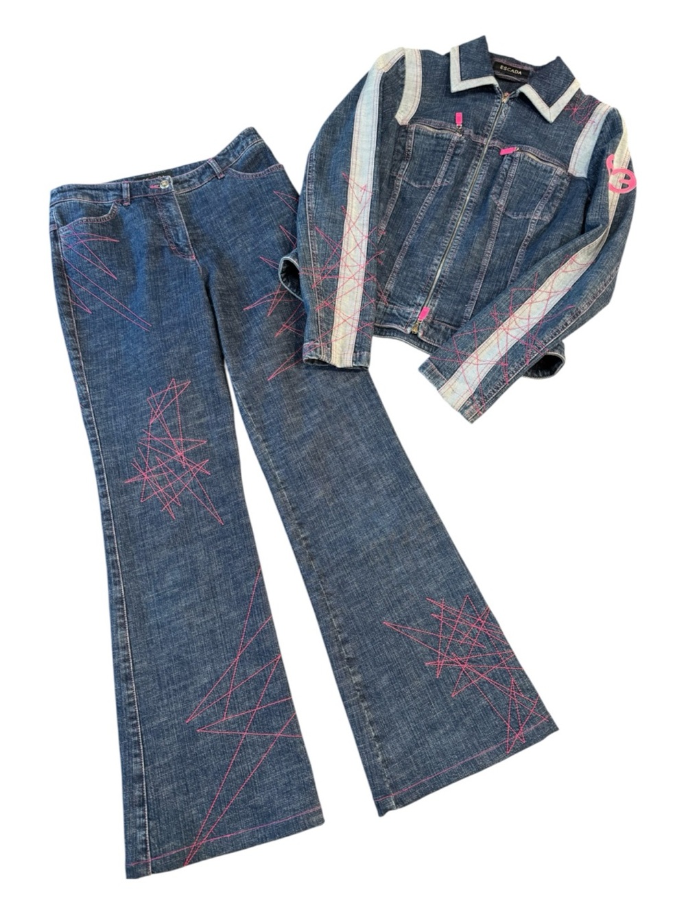 EECADA vintage 2 PCS denim jacket and jeans, size 6, pink trim
